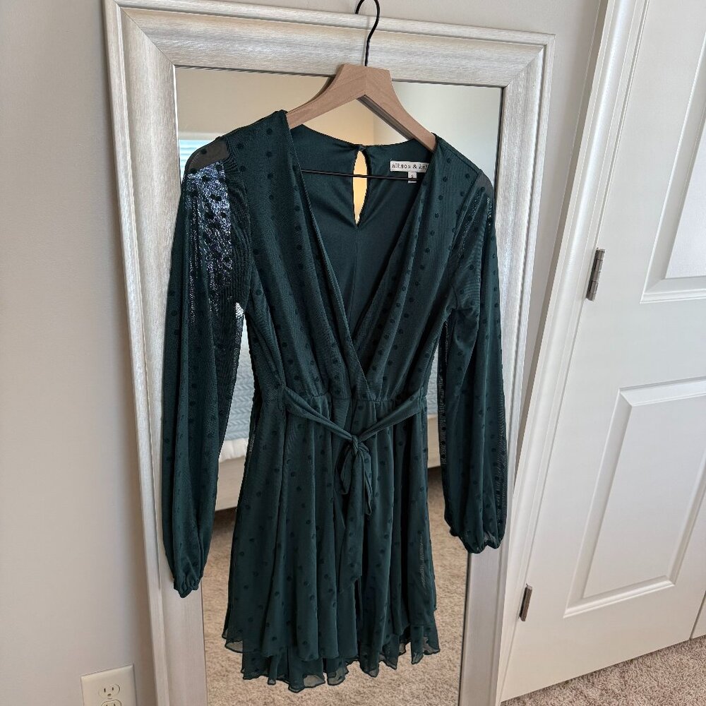 Allison & Kelly Green Polka Dot Faux Wrap Long Sleeve Tiered Dress Size S